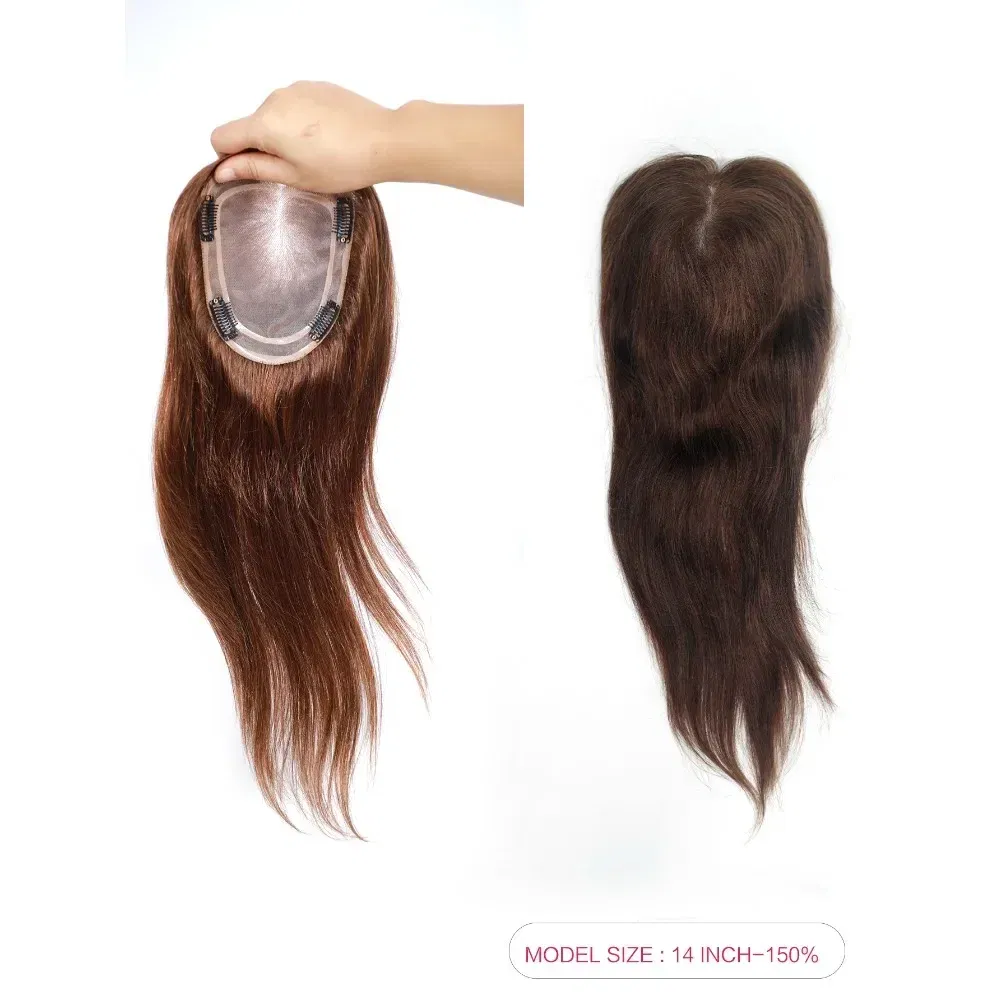 Toupee Color: 4#, Toupee Size: 4x6, Toupee Design: free, Toupee Density: 120%, Length: 18 inches - 5.5X6inch Mono Base Brazilian Remy Human Hair Topper 12"-18" Double Pu Around Thick Invisible Mono Topper for Women Hairpieces