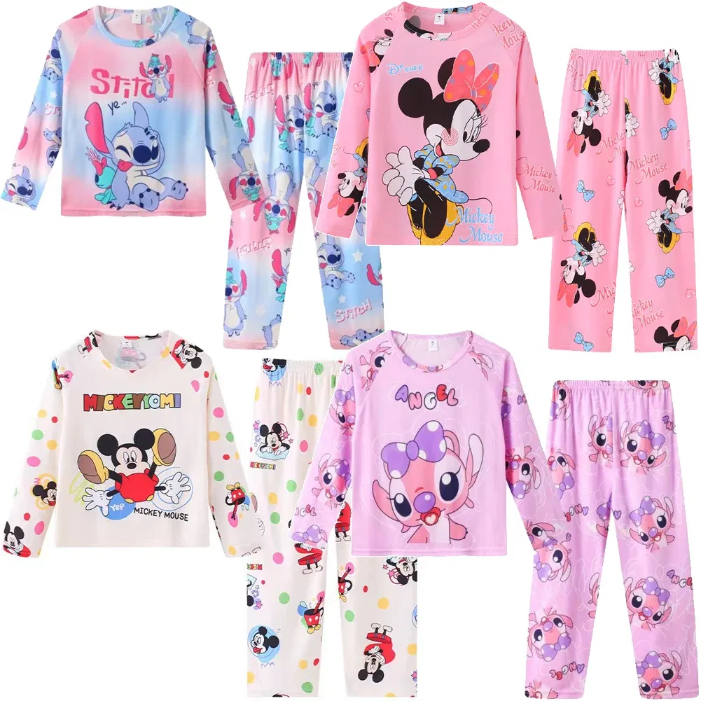 Color: Pink, Kid Size: 12t - 2pcs/set New Disney Stitch Children Pyjamas for Boys and Girls Sets Kid Minnie Home Wear Travel Casual Sleepwear Suit Cute Gift