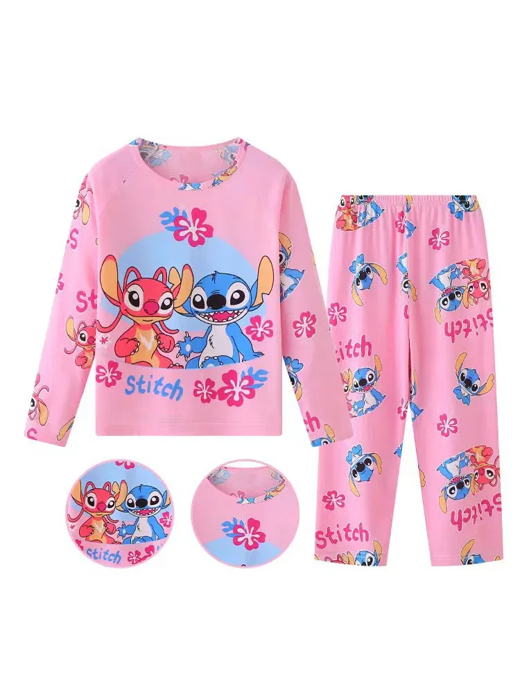 Color: Pink, Kid Size: 12t - 2pcs/set New Disney Stitch Children Pyjamas for Boys and Girls Sets Kid Minnie Home Wear Travel Casual Sleepwear Suit Cute Gift