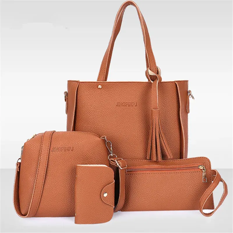 Color: Brown - 4pcs Elegant Minimalist Women'S Shoulder Bag, Handbag, Crossbody Bag, Women Storage Bag, Holiday Gift, Synthetic, Zipper Closure