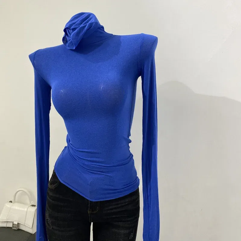 Color: Blue, Size: One Size - Thin Soft American Long Sleeve T-shirt High Stacked Neck Tight Perspective Bottom Shirt Women's Slim Fit Tops Sexy Streetwear