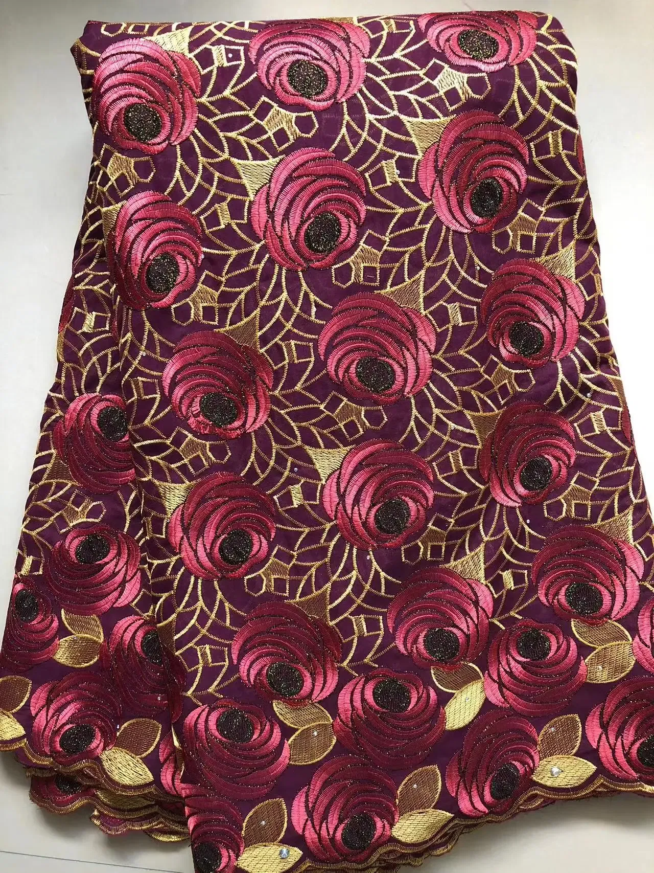 Color: Red, length: 5 yards, Width: 120cm - Wholesale Cotton African Lace Fabric 2024 High Quality Swiss Voile Lace Fabric Nigerian Dry Lace Fabrics With Stones For Wedding