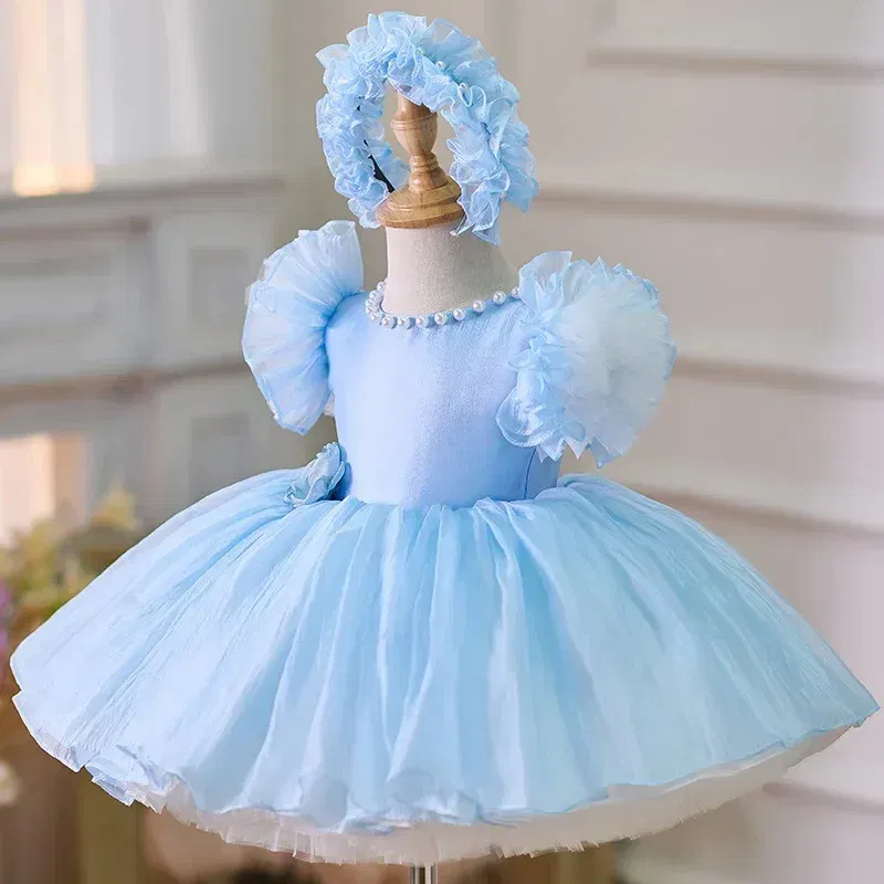 Kid Size: 5, Color: Brown - 2025 Summer Baby Girls 1st Birthday Party Dress Toddler Kids Bow Fluffy Tutu Gown Flower Girls Blue Dresses For Wedding Ceremony
