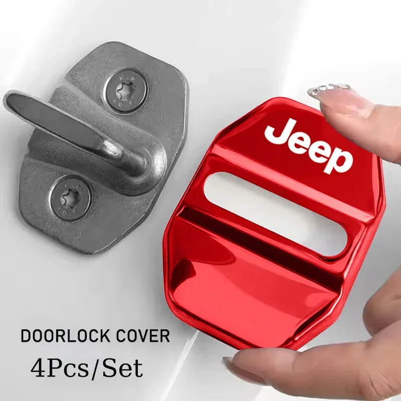 Color Name: Red - 4Pcs Car Door Lock Cover Stainless Steel Protection Accessories For Jeep Wrangler Renegade Compass Grand Cherokee Patriot