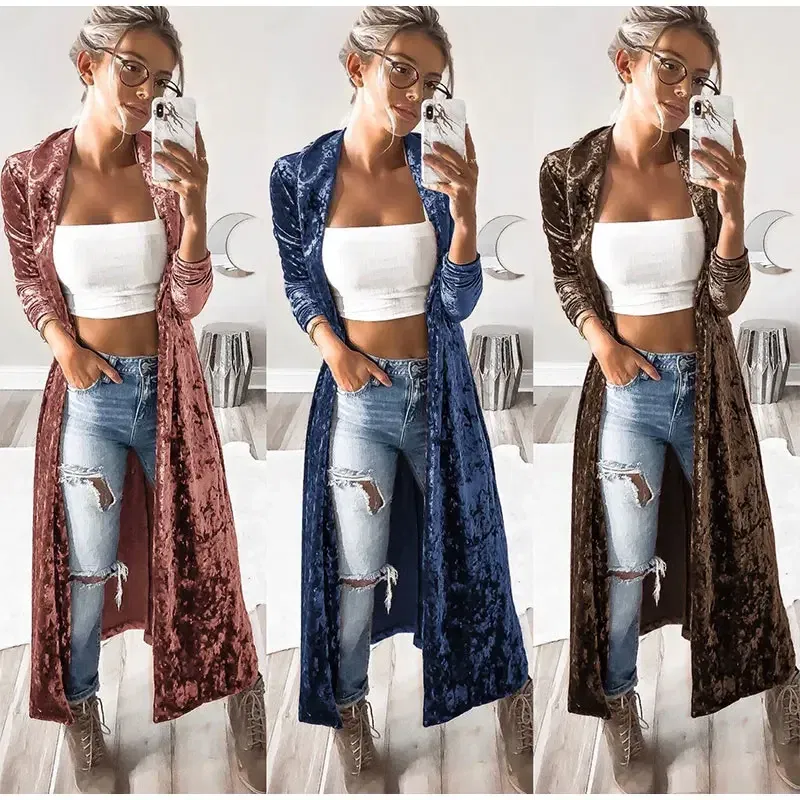 Color: Blue, Size: S - 2024 Long Velvet Kimono Cardigan Windbreaker Women Jacket Pure Color Fashion Long Sleeve Casual Ladies Long Jacket Trench Coat