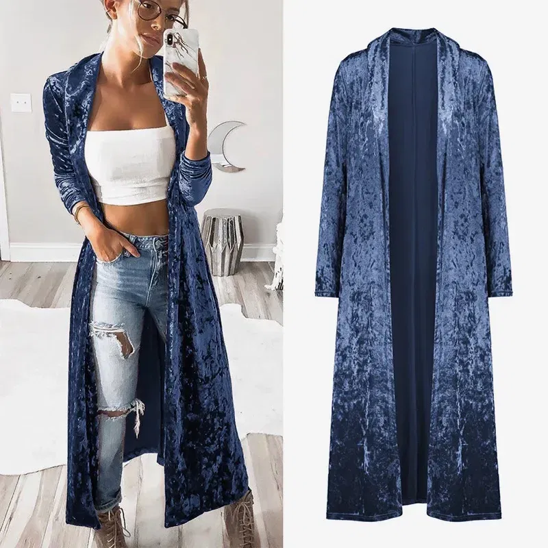 Color: Blue, Size: S - 2024 Long Velvet Kimono Cardigan Windbreaker Women Jacket Pure Color Fashion Long Sleeve Casual Ladies Long Jacket Trench Coat