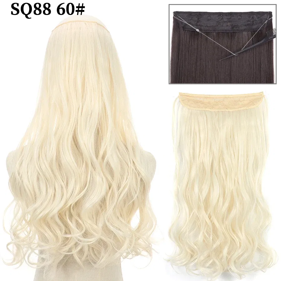 Color: T1/35, Stretched Length: 22inches, Ships From: CHINA - Synthetic Natural Wavy No Clip Fish Line Invisible Hair Extensions Mixed Color Blonde Black Artificial False Hair Piece ForWomen