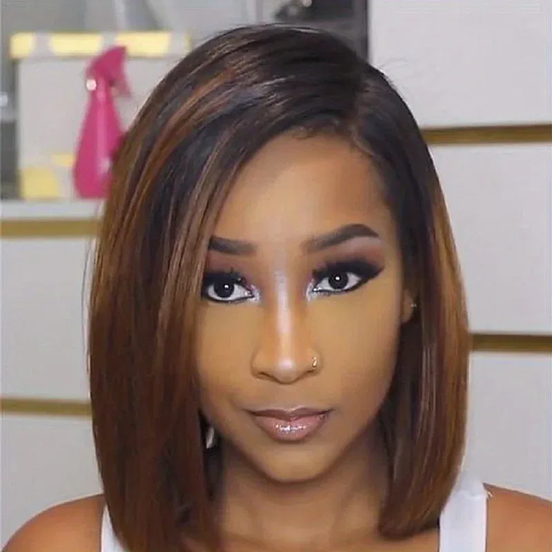 Color: Brown, Stretched Length: 12inches - Ombre Bob Wig - Middle Part Synthetic Hair for Daily Cosplay, Parties, and Halloween Costumes