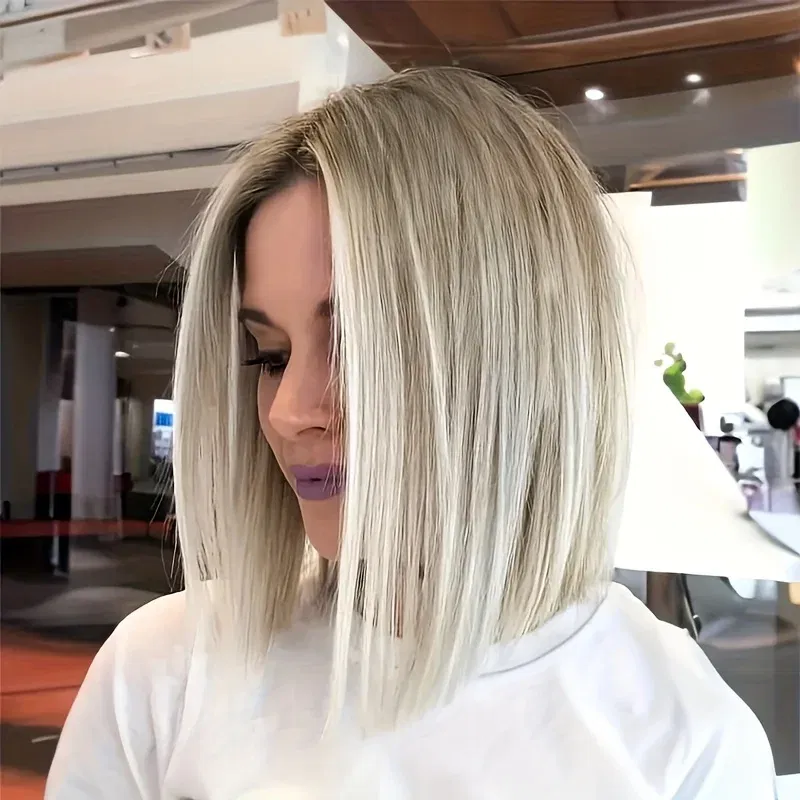 Color: Brown, Stretched Length: 12inches - Ombre Bob Wig - Middle Part Synthetic Hair for Daily Cosplay, Parties, and Halloween Costumes