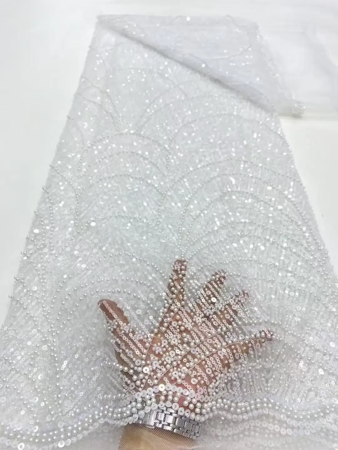 Color: GRAY, Width: 120cm, Length: 5 yards - Luxury Sky Blue French Tulle Lace Fabric with Sequins Beads for Bridal Dress Nigerian Groom High Quality African Wedding Gown Ma