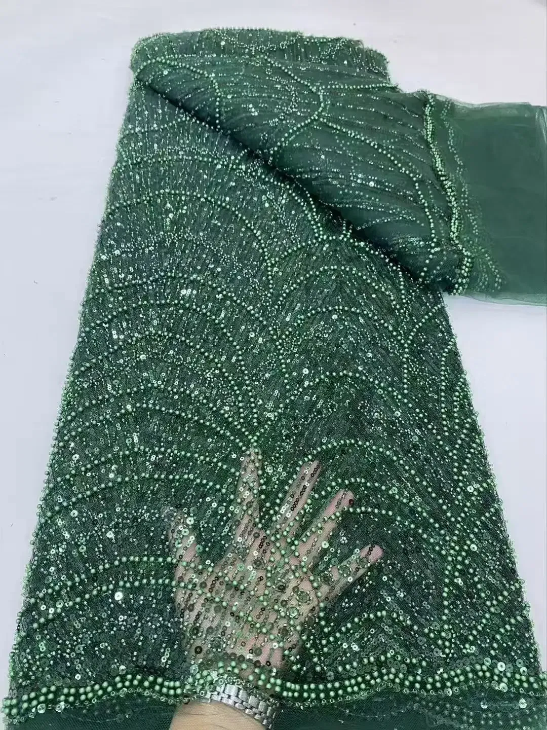 Color: GRAY, Width: 120cm, Length: 5 yards - Luxury Sky Blue French Tulle Lace Fabric with Sequins Beads for Bridal Dress Nigerian Groom High Quality African Wedding Gown Ma