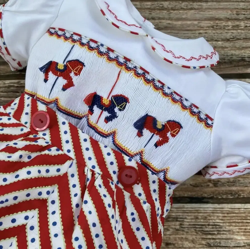 Kid Size: 24M - 0-3Y Boy Summer White Horse Smocked Outfit Suit  A11