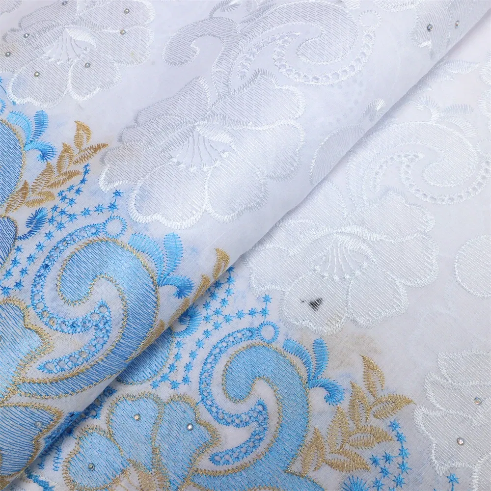 Color: Blue, Length: 5 yards, Width: 120cm - Latest Dry Cotton African Lace Fabric High Quality 2024 Swiss Voile Lace Fabric with Stones For Nigeria Wedding Sewing Dresses