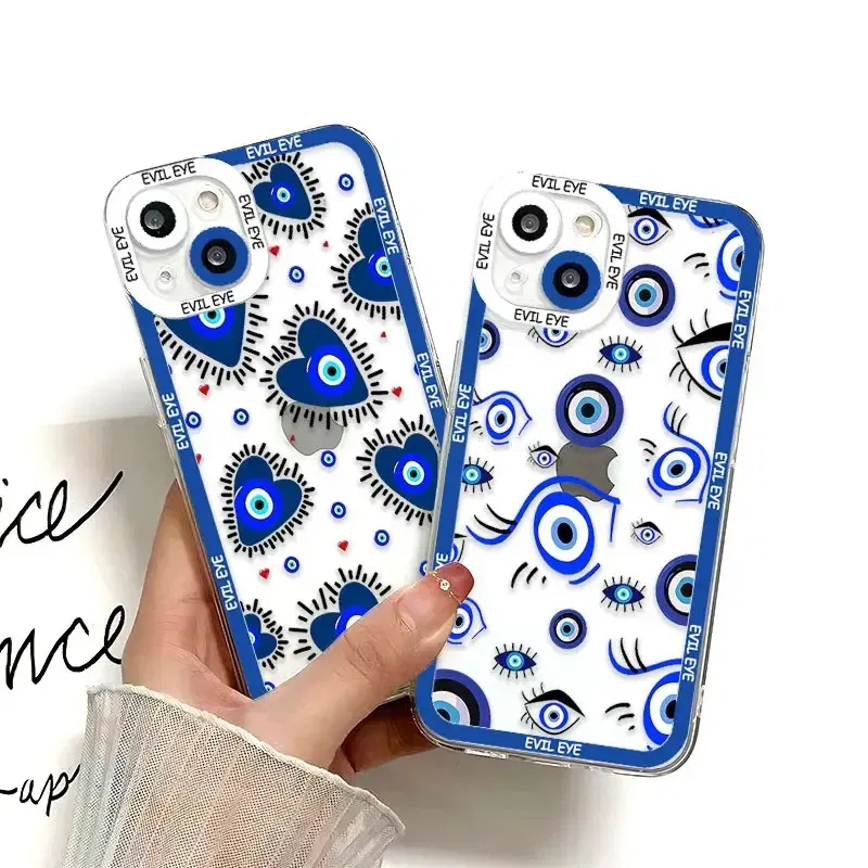Color: Clear, Material: Vinyl - Blue Evil Eye Phone Case For Samsung Galaxy S10 S20 S21 S22 S23 S24 FE Plus Ultra Note 20 Transparent TPU Case