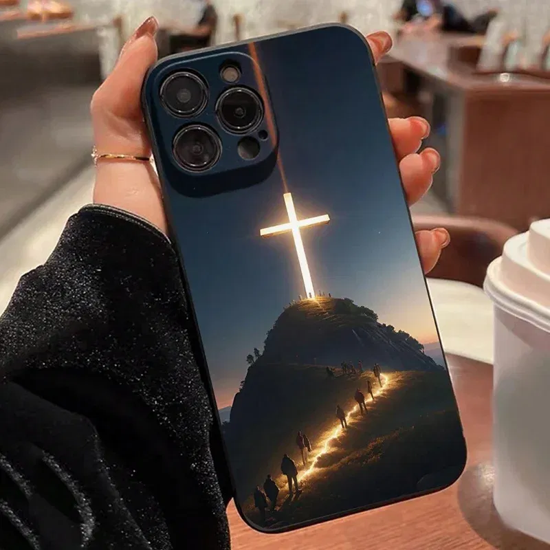 Color: Beige, Compatible-Phone Models: For iPhone 14 - Jesus Cross Painted Phone Case For iPhone 16 15 14 13 12 11 Pro Max XS X XR 7 8 Plus Mini SE 2020 2022