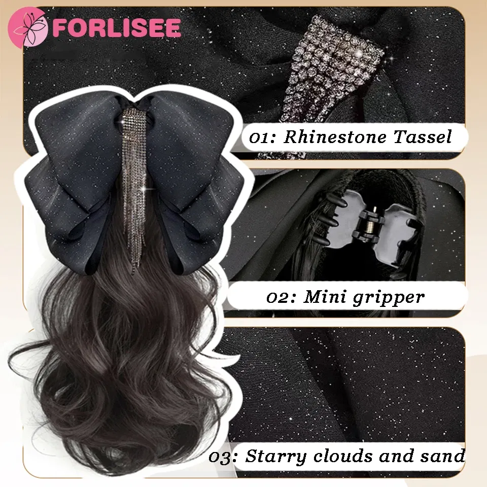Color: 4/27HL - Synthetic Tassel Bow Claw Clip Ponytail Temperament Slightly Curly Hair Natural Heat-resistant Chemical Fiber Wig Ponytail