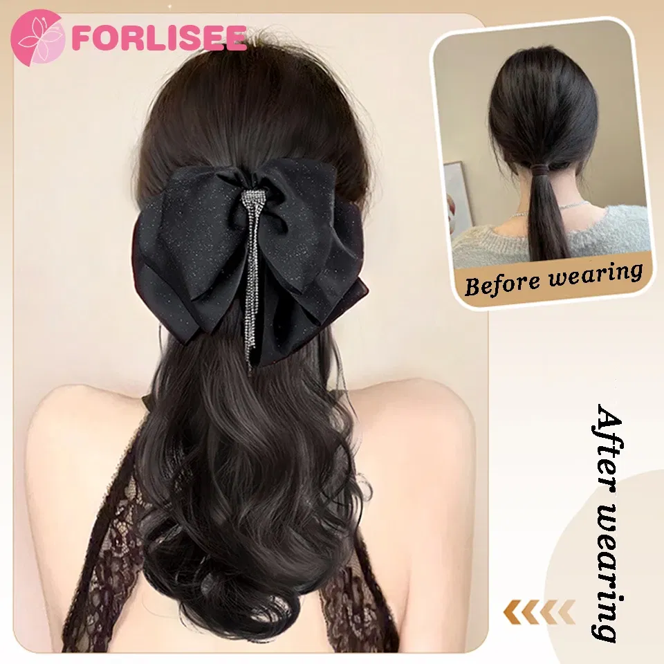 Color: 4/27HL - Synthetic Tassel Bow Claw Clip Ponytail Temperament Slightly Curly Hair Natural Heat-resistant Chemical Fiber Wig Ponytail