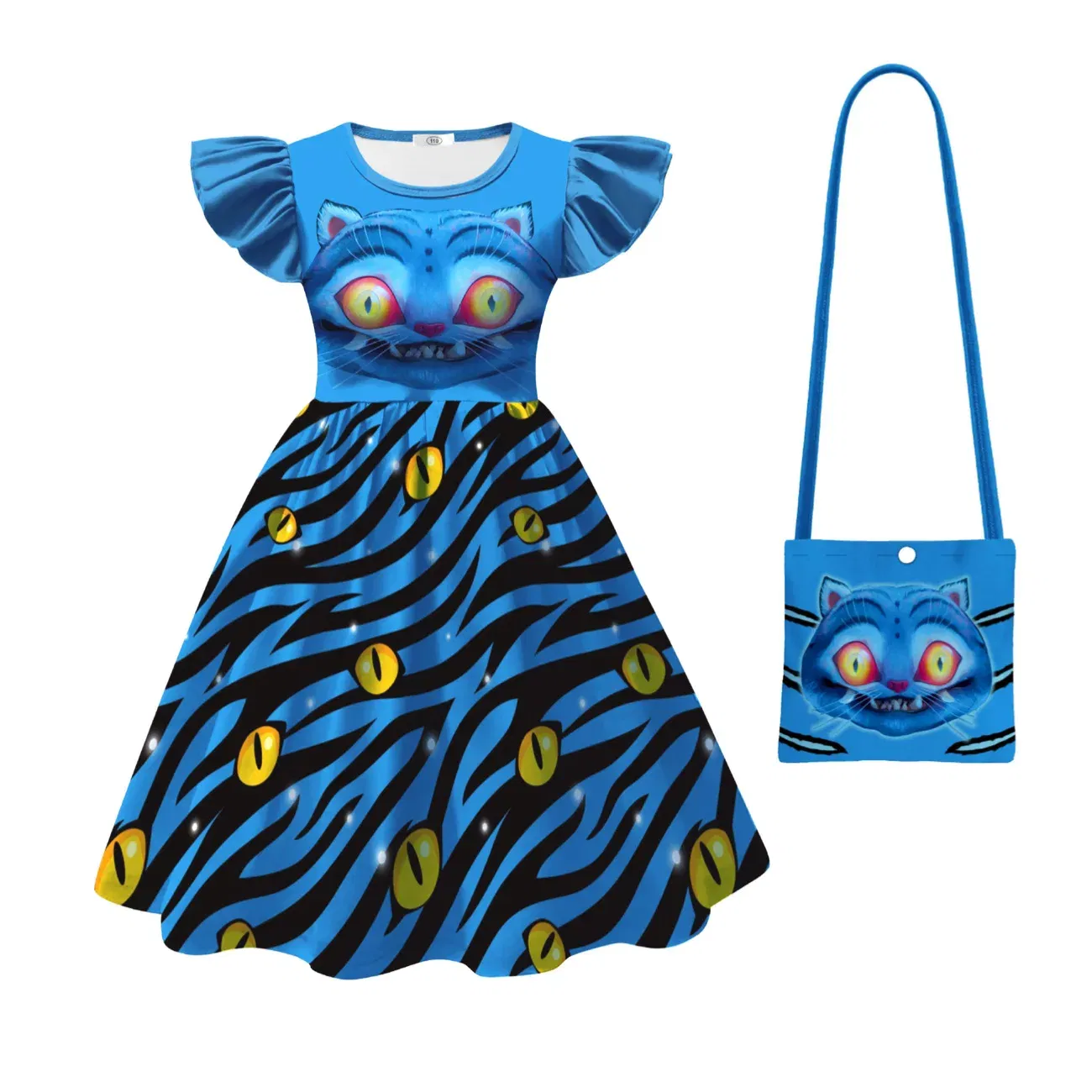 Color: Blue, Kid Size: 7 - Festival Children Carnival Masquerade Elegant Party Kids Clothes Fashion Girls KPop Demon Hunter Tiger Print Dress for 3-14Years