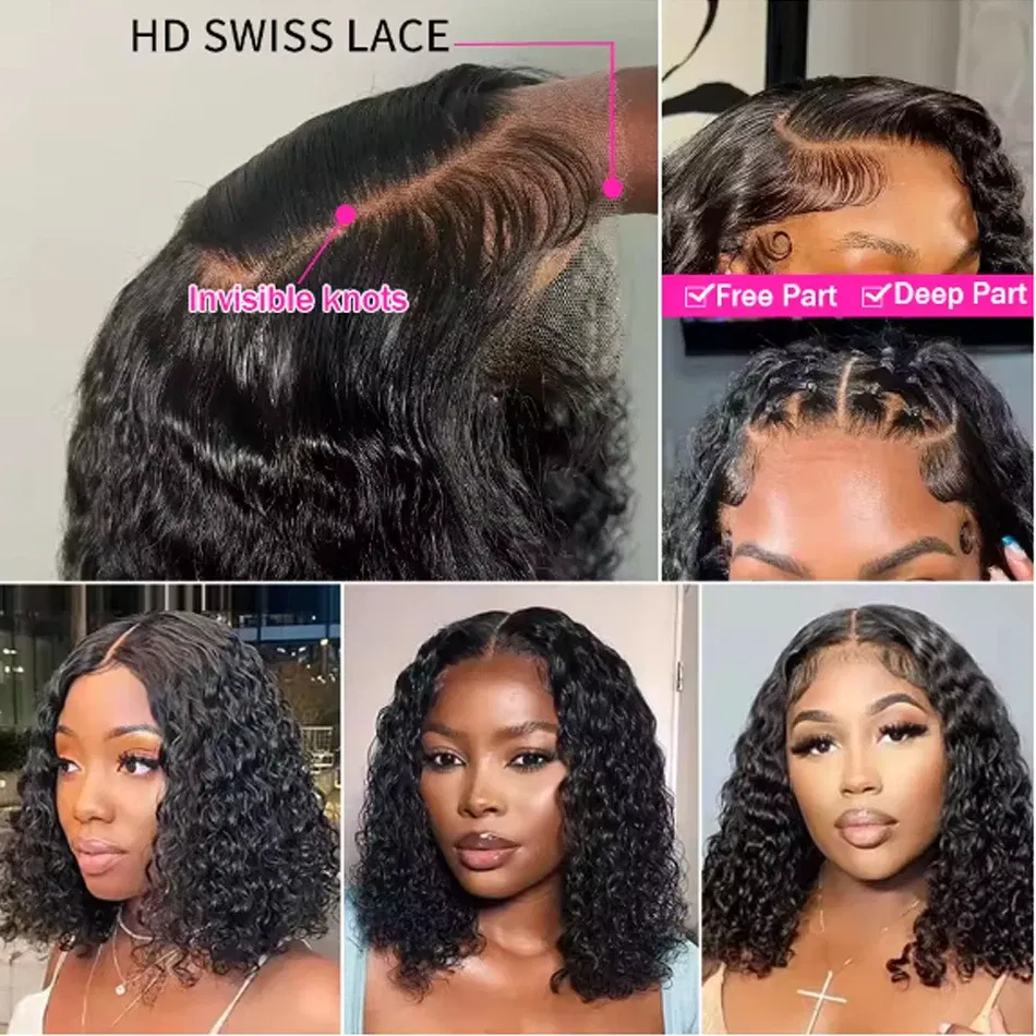 Hair Color: #2, Stretched Length: 14inches - 13X4 Glueless Water Wave Wigs Human Hair Pre Cut Bob Wig Ready To Go 180% Density 4x4 Water Wave Lace Closure Wigs Human Hair