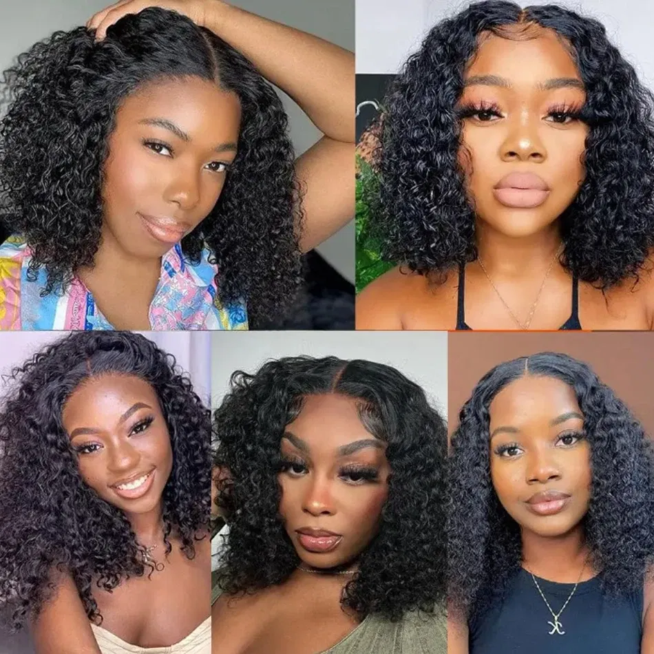 Hair Color: #2, Stretched Length: 14inches - 13X4 Glueless Water Wave Wigs Human Hair Pre Cut Bob Wig Ready To Go 180% Density 4x4 Water Wave Lace Closure Wigs Human Hair