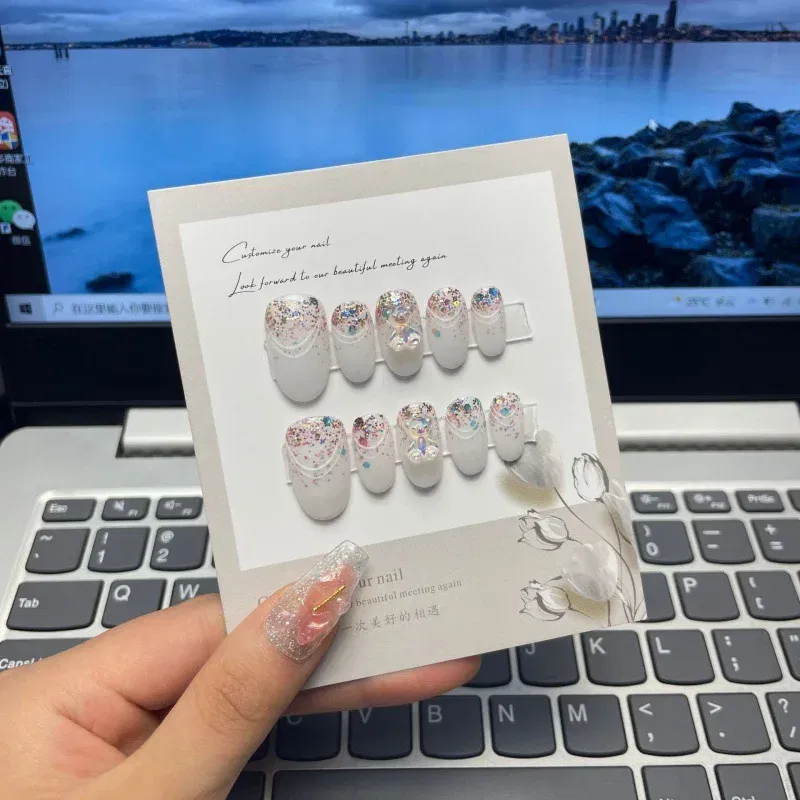 Color: WHITE - 10 pcs Luxury Handmade Press on Nails Middle Ellipse Clean Lines Design False Nails with 4-PIECE Tool Adhesive Nail Glue Tabs