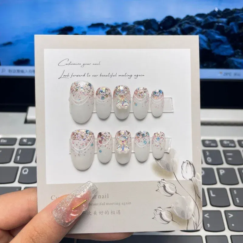 Color: WHITE - 10 pcs Luxury Handmade Press on Nails Middle Ellipse Clean Lines Design False Nails with 4-PIECE Tool Adhesive Nail Glue Tabs