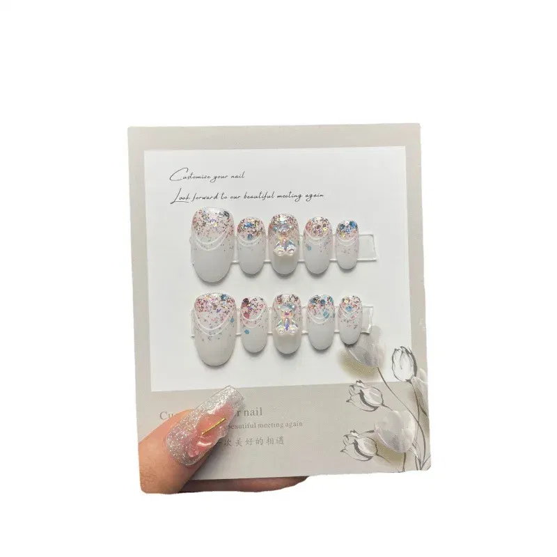 Color: WHITE - 10 pcs Luxury Handmade Press on Nails Middle Ellipse Clean Lines Design False Nails with 4-PIECE Tool Adhesive Nail Glue Tabs