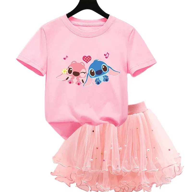 Color: Yellow, Kid Size: 4 - 2pcs Lilo Stitch Summer Girls Outfits Cartoon T-shirt and Tutu Skirt Princess Clothes Suit Children Birthday Clothing Sets