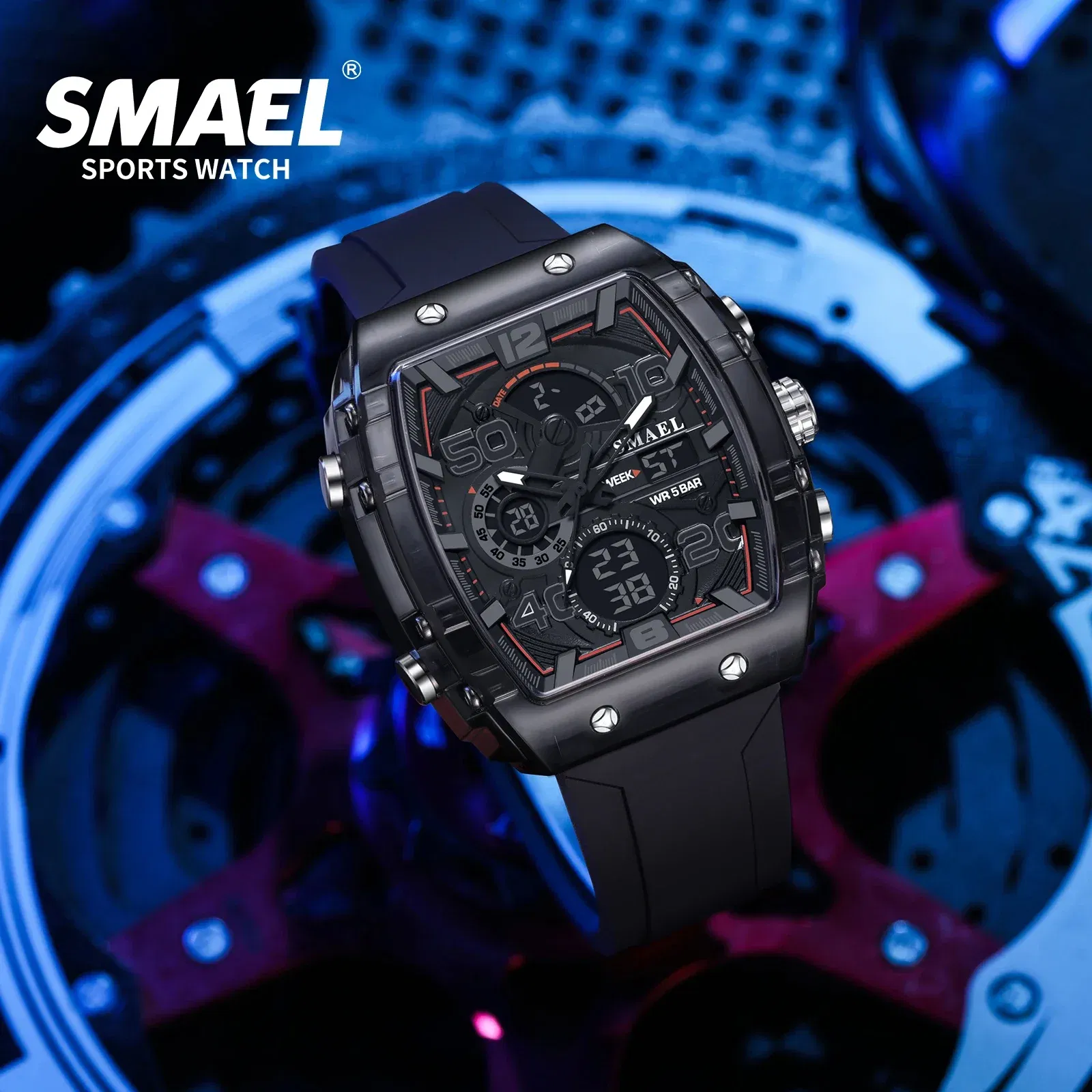 Color: Coffee - SMAEL 8109 New Men's Watch Multifunctional Sports 50M Waterproof Dual Display LED Night Light Leisure Student Electronic Watch