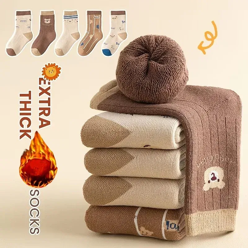 Color: Blue, Size: 7-9T - 5 Pairs/lot Children's Winter Socks Warm Baby Child Thicken Cotton Socks Boys Terry Socks Letter Pattern Thermal Socks