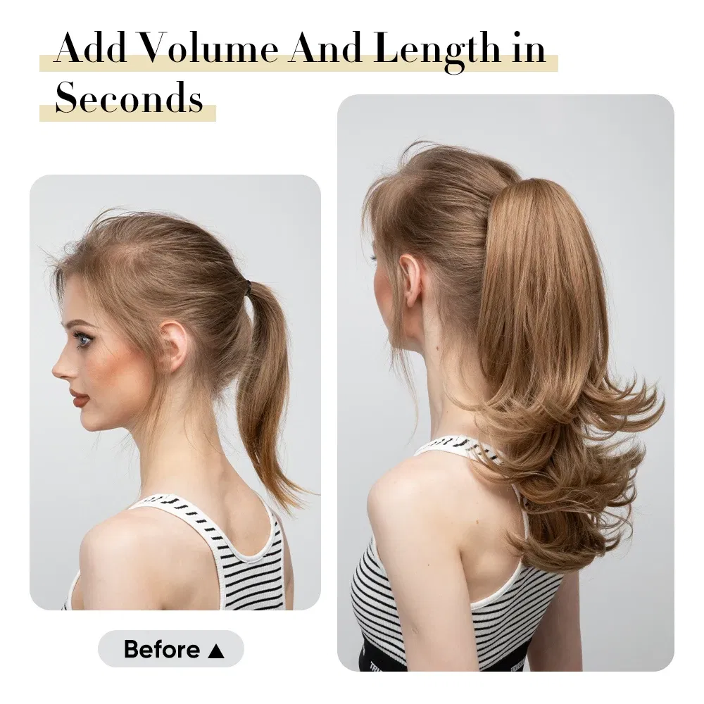 Color: P18/22, Stretched Length: 14inches - Synthetic Claw Clip In Ponytail Hair Extensions 14 Inch Wavy Hairpiece Fake Blonde Black Hair False Pigtail With Elastic Band