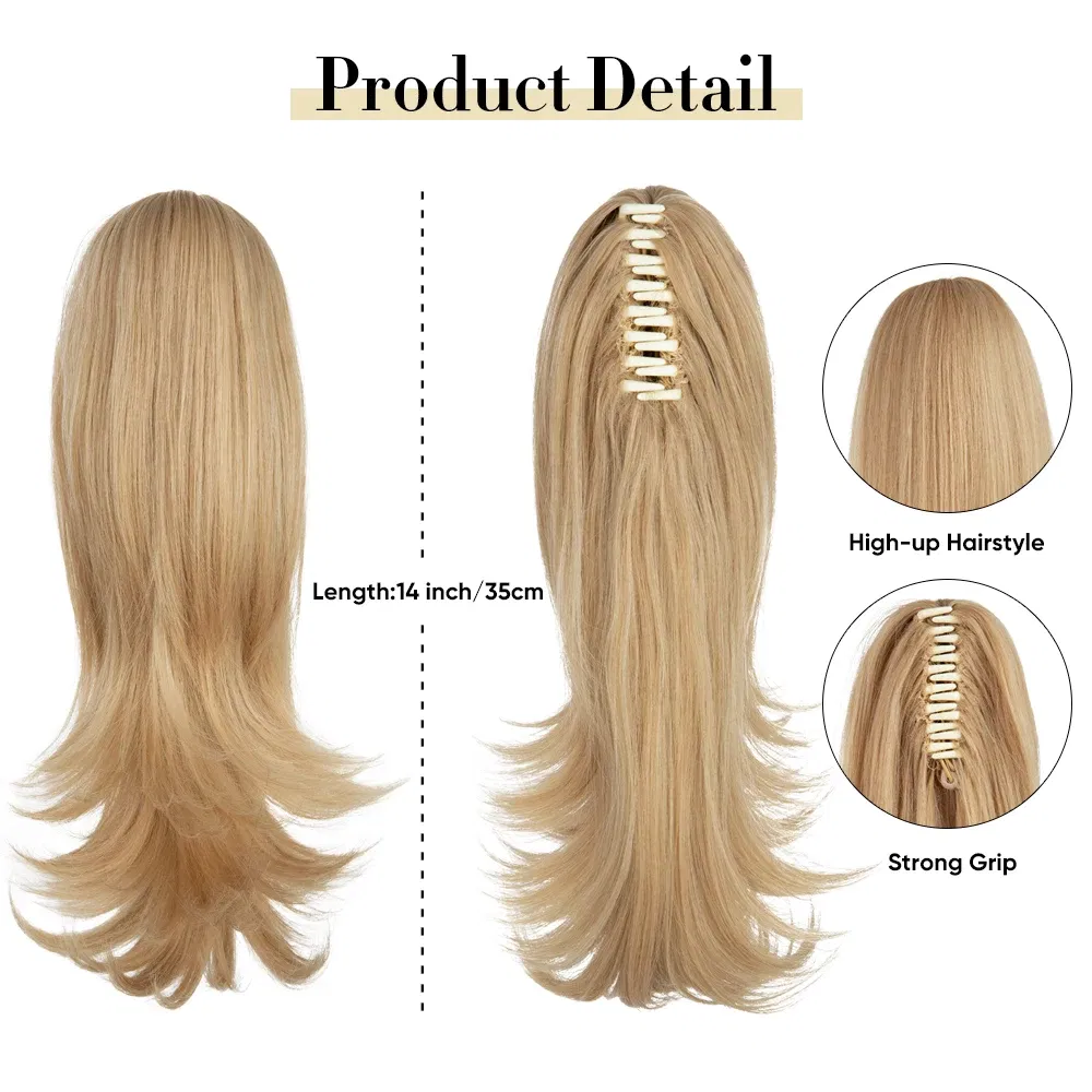 Color: P18/22, Stretched Length: 14inches - Synthetic Claw Clip In Ponytail Hair Extensions 14 Inch Wavy Hairpiece Fake Blonde Black Hair False Pigtail With Elastic Band