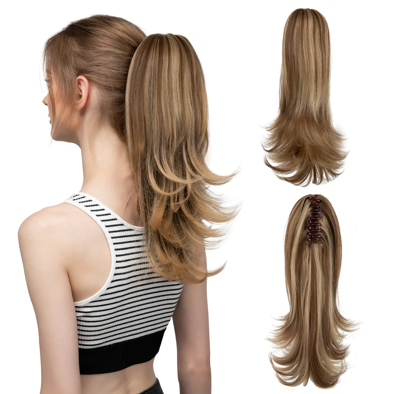 Color: P18/22, Stretched Length: 14inches - Synthetic Claw Clip In Ponytail Hair Extensions 14 Inch Wavy Hairpiece Fake Blonde Black Hair False Pigtail With Elastic Band