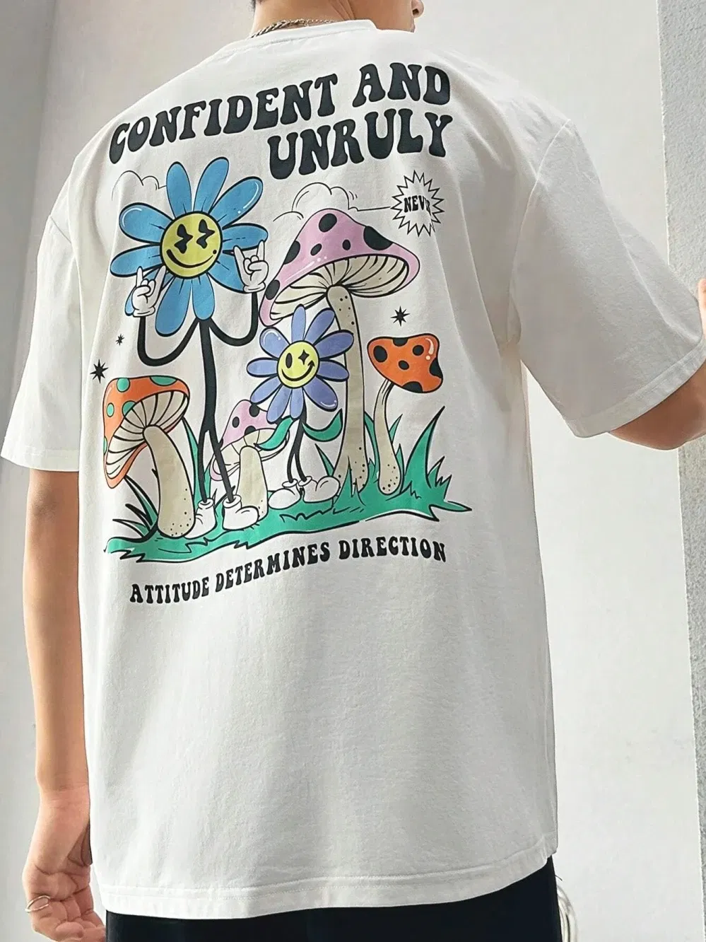 Color: Beige, Size: L - Confident And Unruly Attitude Determines Direction Men T Shirt Cotton Shirt Street Loose T-Shirts Summer Breathable Short Sleeve