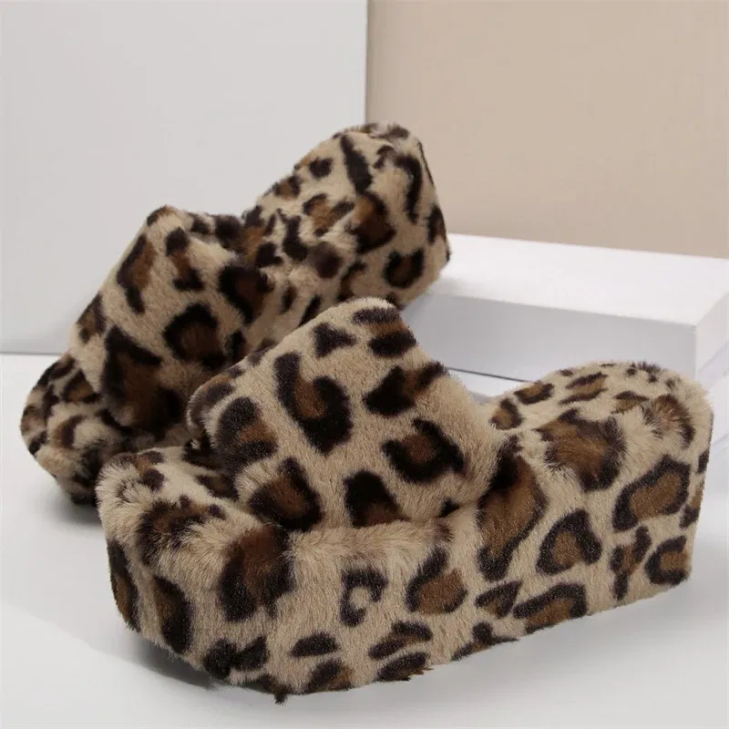 Color: Beige, Shoe Size: 41, Ships From: CHINA - Leopard Fur Women High Heel Slippers Wedges Home Cotton Shoes Winter New Trend Fluffy Flip Flops Pumps Cozy Zapatos Mujer