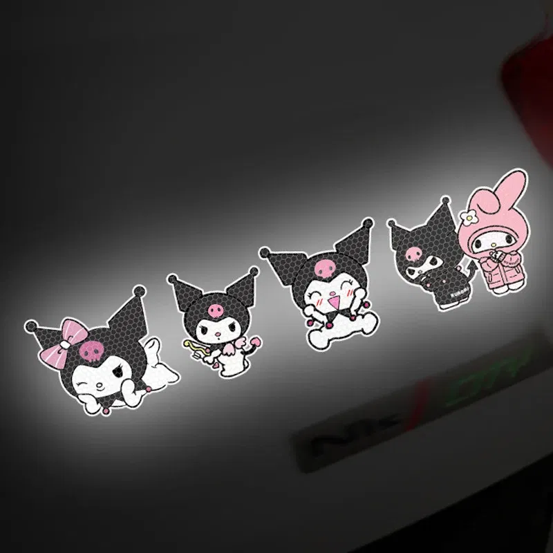 Color: Brown - Anime Kuromi Hellokitty Car Sticker Reflective Warning Safety Tape Anti Collision Reflective Sticker Car Accessories