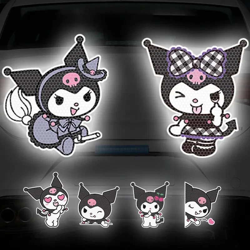 Color: Brown - Anime Kuromi Hellokitty Car Sticker Reflective Warning Safety Tape Anti Collision Reflective Sticker Car Accessories