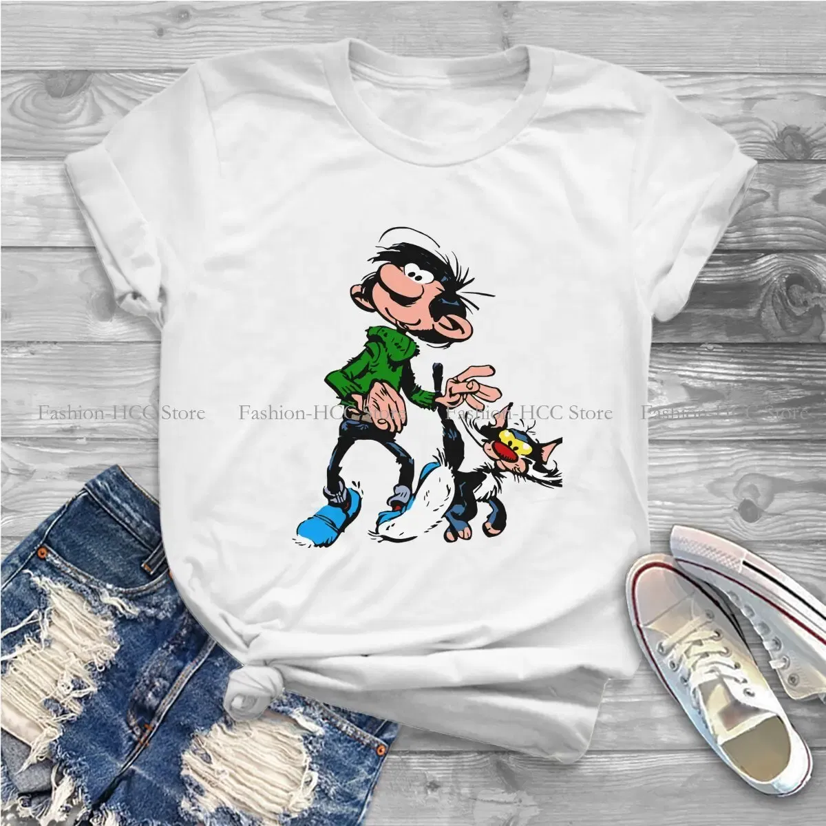 Color: WHITE, Size: XXL - Gaston Lagaffe Comic Polyester TShirts Cartoon Color Big Ben Walking With Cat Classic Personalize Homme T Shirt Funny Tops