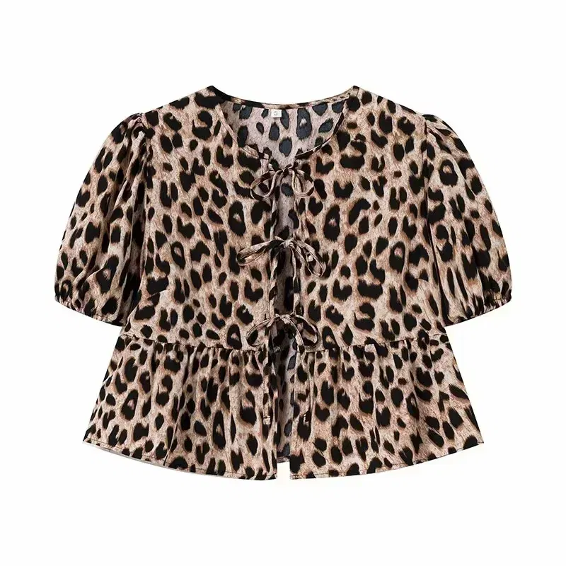 Color: black, Size: L - HXAO Woman 2024 Blouse Puff Sleeve Cropped White Blouse For Women Pleated Cut Out Black Blouse With Tied Leopard Print Top