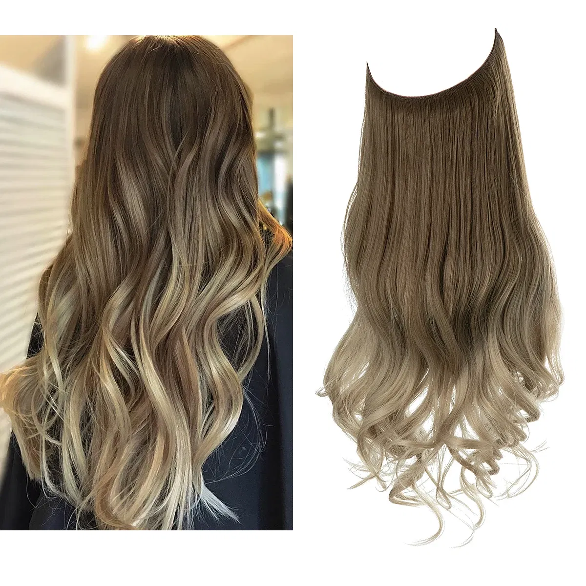 Color: P1B/30, Stretched Length: 16inches - Synthetic No Clip Wave Hair Extensions Ombre Natural Black Blonde Pink One Piece False Hairpiece Fish Line Fake Hair Piece