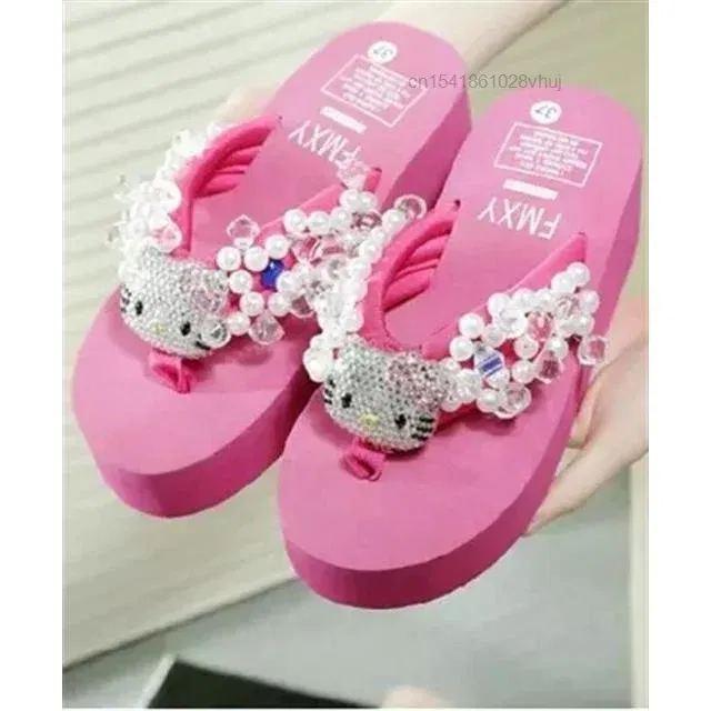 Color: Straw, Shoe Size: 40 - Sanrio Hello Kitty Soft Flip Flop Sandals Y2k Beach Slides Shoes Women Kawaii Casual Wedge High Heels Platform Slippers Ladies
