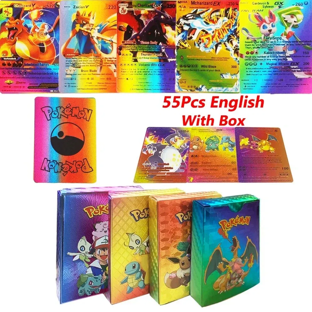 Color: EIGHT - 55PCS Pokemon Colorful Gold Foil Card Charizard Pikachu Arceus Diamond Rainbow English French German Spanish VSTAR GX VMAX Cards