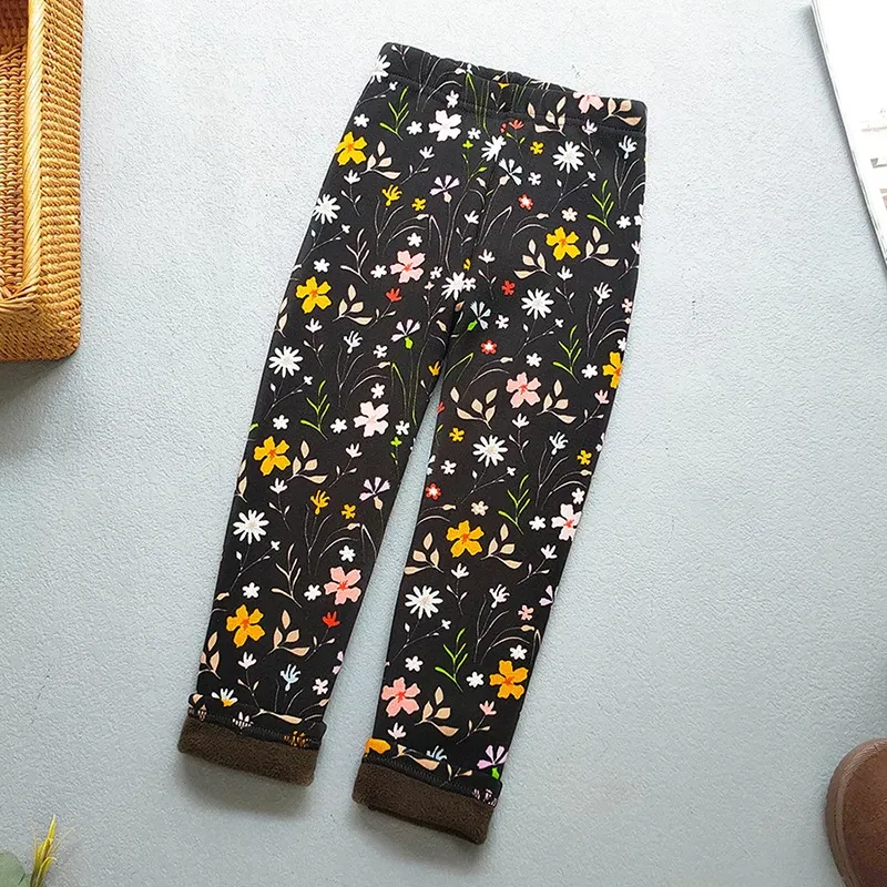 Color: Beige, Kid Size: 4T - Autumn Winter Print Flowers Thick Warm Kids Toddler Baby Girls Leggings Children's Pants