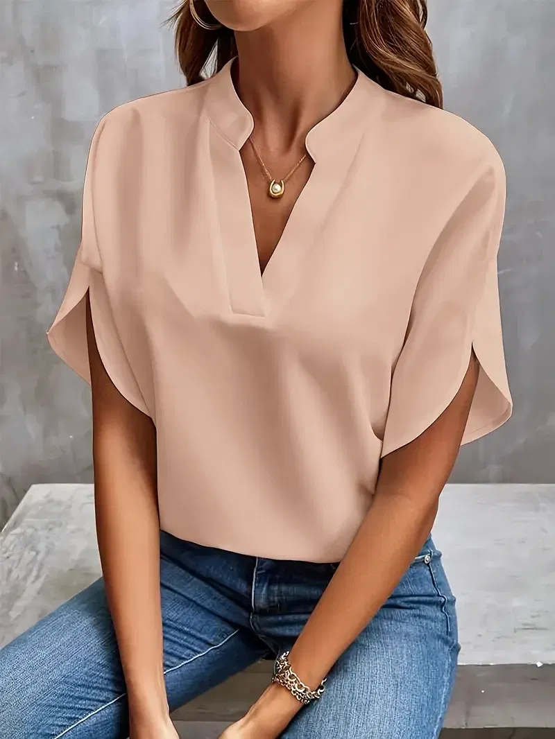 Color: Pink, Size: L - Women Elegant Solid Chiffon Blouse Spring Summer Casual Long Sleeve V Neck Loose Shirt Office Lady Tunics Oversized Tops 2024