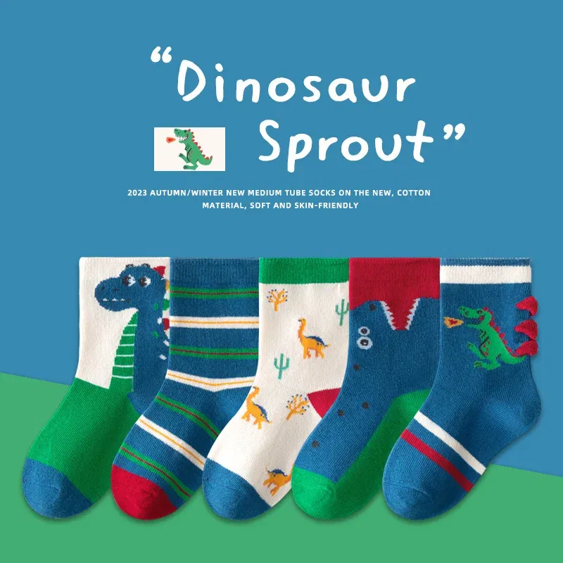 Color: SKY BLUE, Size: 4-6T - 5 Pairs/pack Autumn Socks Children's Cotton Socks Cartoon Dinosaur Pattern Kids Boys Crew Socks