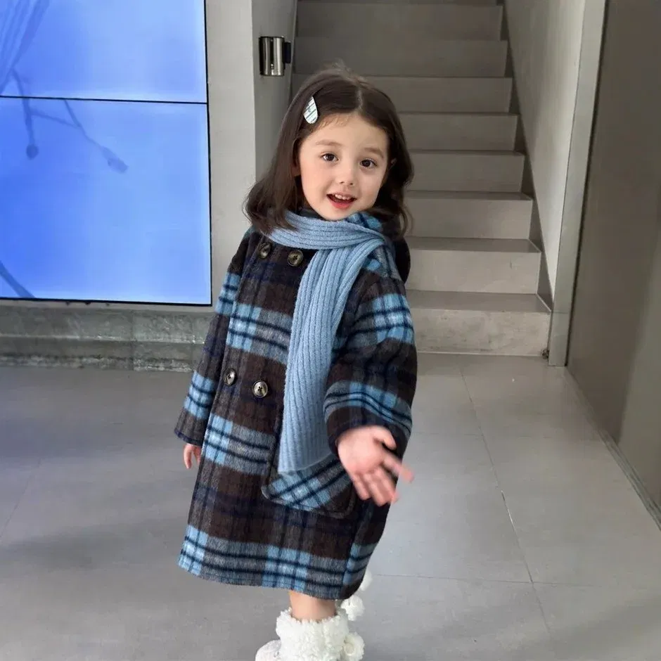 Color: Blue, Kid Size: 5T - Children's Coats Plaid Printed Woolen Padded Hooded Coat Kids Jackets for Girls Winter Clothes Kids Jacket