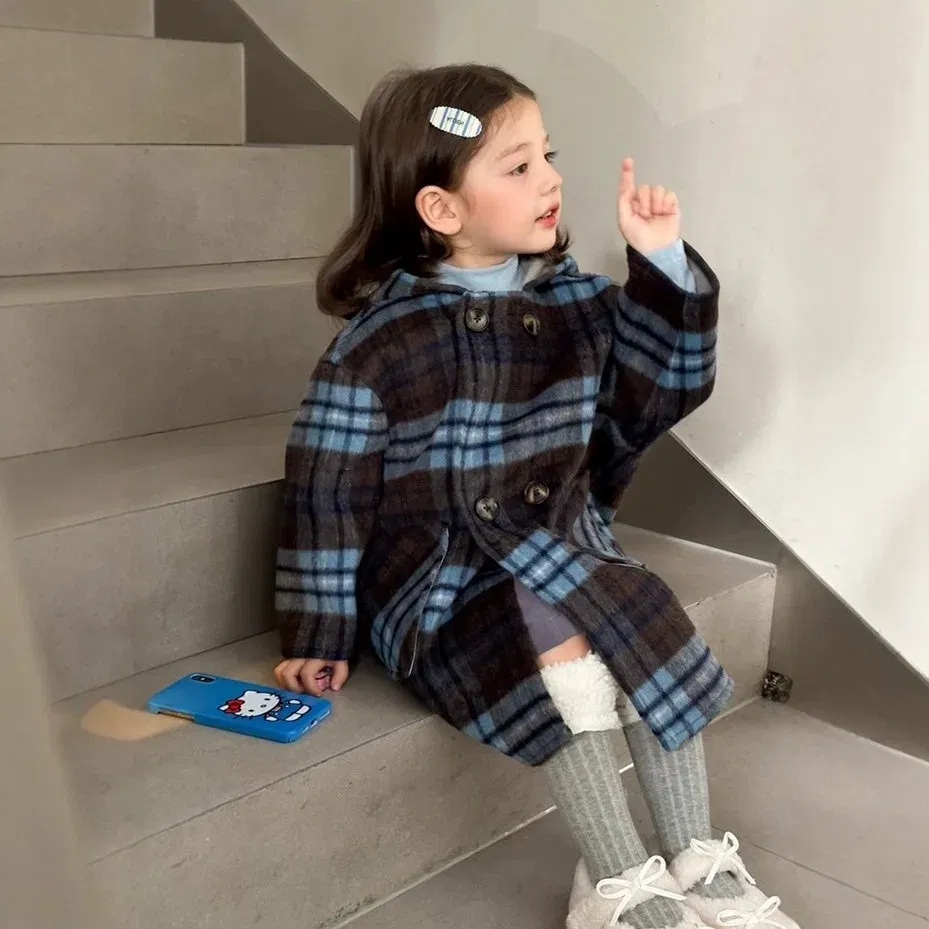 Color: Blue, Kid Size: 5T - Children's Coats Plaid Printed Woolen Padded Hooded Coat Kids Jackets for Girls Winter Clothes Kids Jacket