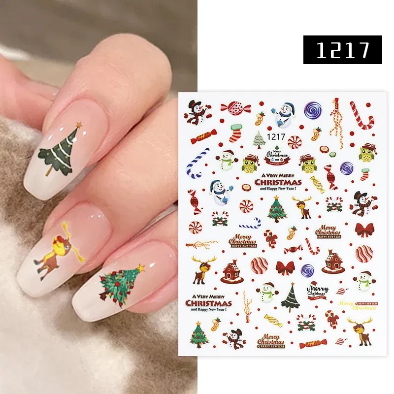 Color: Ice Blue - 1Pc Christmas Stickers Santa Claus Snowflake Decals Catoon Image Muti- Pattern New Year Halloween Nail Art Stickers for Manicure
