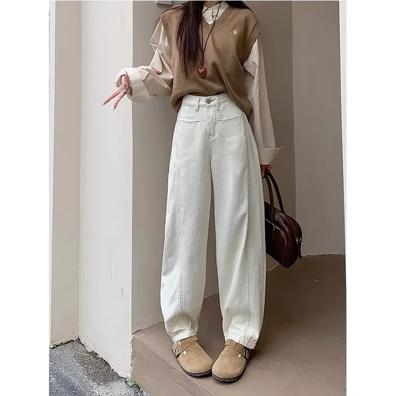 Color: Ivory, Size: L - Retro wide leg jeans women's 2025 new high waist small figure chubby girl versatile four seasons slimming straight leg pants