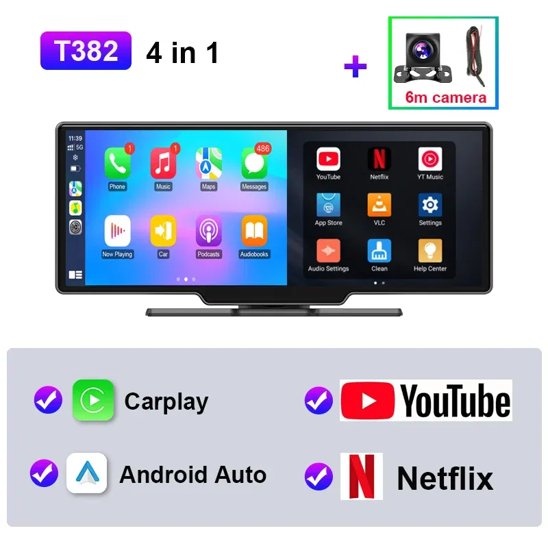 Color: WHITE - JMCQ Universal 10.26" Android WIFI Car Multimedia Player Bluetooth Wireless Carplay auto Monitor Screen for YouTube for Netflix